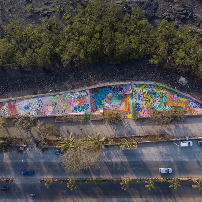 A massive aerial view of the entire Bandra Skatepark project I curated for the Mumbai Urban Art Festival. This shows the full scale of the collaborative mural, covering every surface of the park to create a completely immersive art experience.