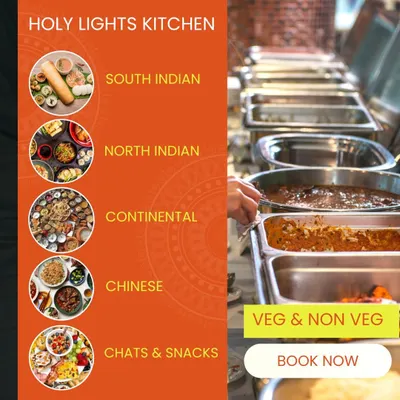 This image showcases our professional buffet setup for catered events. We offer a multi-cuisine menu that includes South Indian, North Indian, Chinese, Continental, and snacks, ensuring a diverse selection for your guests.