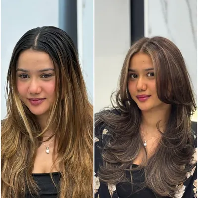 This client came in with grown-out, brassy color. I did a full color correction to a rich, cool-toned brown with subtle highlights and gave her a fresh layered cut to frame her face.