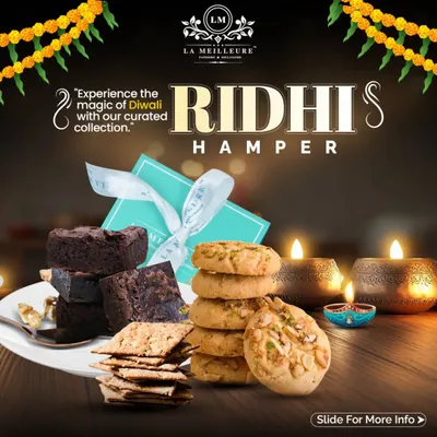 The 'Ridhi Hamper' is the perfect starting point for festive gifting. It includes our decadent brownie box, butter vanilla dry fruit cookies, multigrain crackers, and a decorative diya.