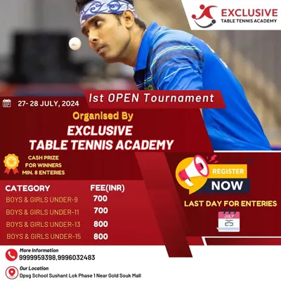 This poster announces our 1st Open Tournament with categories for junior players from Under 9 to Under 15. It includes key information on dates, fees, and how to register for this Gurgaon table tennis event.