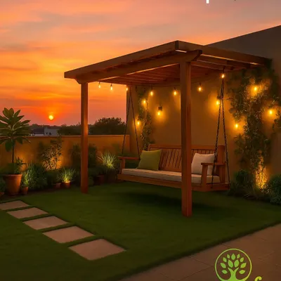 This is the ultimate terrace transformation, designed to be a private green escape. I installed a custom wooden pergola, a relaxing swing, ambient string lights, and soft artificial turf to create a modern, low-maintenance retreat perfect for enjoying a quiet evening.