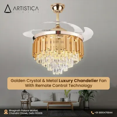 This is where elegance meets innovation. My golden crystal luxury chandelier fan combines brilliant illumination with the comfort of a fan, featuring remote-controlled retractable blades for a seamless and functional design.