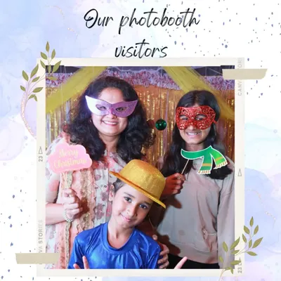 A family having fun with masks and props at our live photobooth. It's a great way for guests of all ages to let loose and create fun memories.