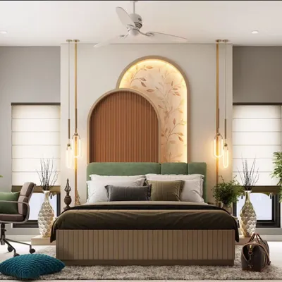 This bedroom concept features a unique double-arched headboard with integrated backlighting and botanical motifs. The design combines modern shapes with natural elements for a refreshing and stylish look.