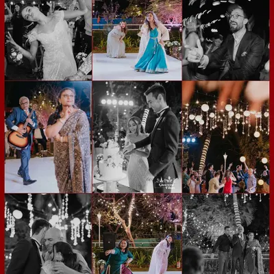 A collage capturing the magical ambiance of Anuradha and Thomas's cocktail night, filled with dancing, music, and twinkling lights.