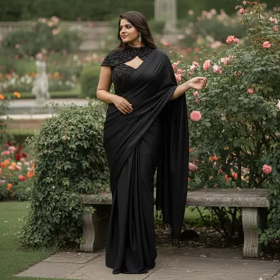 This black pre-draped saree is the definition of chic. The embellished blouse and easy-to-wear style make it a go-to for any modern event.