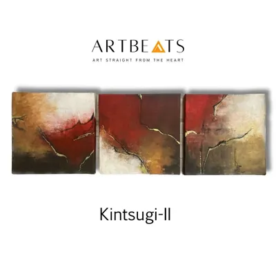 This is 'Kintsugi-II', a three-panel abstract artwork representing the art of mending with gold. The piece explores how our obstacles and imperfections can become sources of beauty and strength, a concept I find deeply grounding.