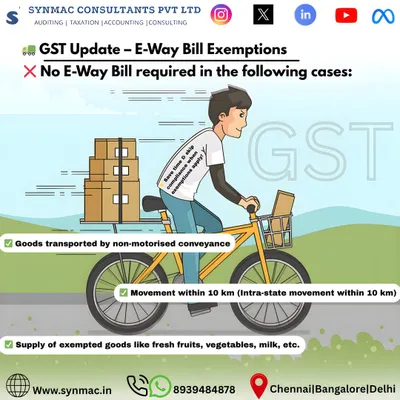 Not all goods transport requires an E-Way Bill, and knowing the exemptions can save you time and paperwork. This visual explains three key scenarios where an E-Way Bill is not needed, such as for non-motorised transport or movement within a 10 km radius. I help businesses streamline their logistics while staying GST compliant.