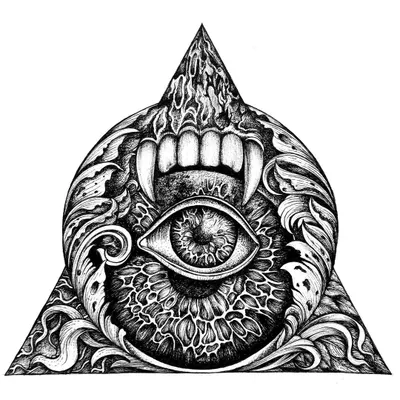 An ink drawing exploring themes of the predator and the all-seeing eye, framed within a geometric triangle. This piece combines sharp, aggressive elements with intricate, decorative patterns.