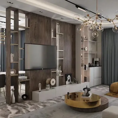 A sophisticated living room featuring a full-wall TV unit with dark wood paneling and a white console. The unit is paired with an open-shelf partition that stylishly separates the living and dining areas.