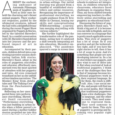 A newspaper feature detailing my journey with Talking Turtles Storytellers. It discusses how I use puppetry to tell folktales and my passion for empowering children and educators through narrative.