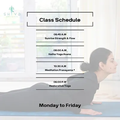 Here is our weekly class schedule. We offer a variety of classes from Monday to Friday, including Sunrise Strength & Flow, Hatha Yoga, Restorative Yoga, and dedicated Meditation & Pranayama sessions to fit your energy and needs.
