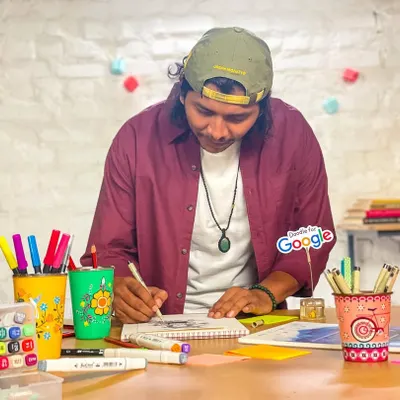 A behind-the-scenes shot from my "Doodle for Google" video shoot. It was an amazing experience to share my process and encourage young artists on such a huge platform.