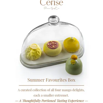 My Summer Favourites Box is a thoughtfully portioned tasting experience. It's a curated collection of all four of my mango delights, each presented as a beautiful mini entremet.
