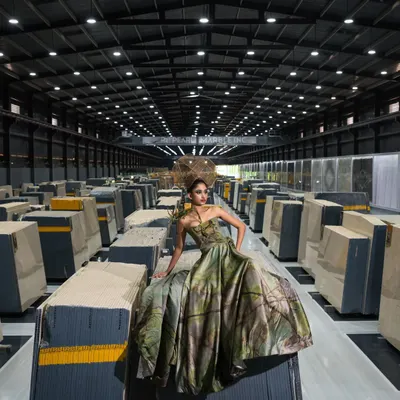 A wide shot from the marble factory campaign, showing the scale of the industrial environment. Placing the model in this vast space creates a striking contrast and a sense of grandeur, perfect for a high-impact editorial.