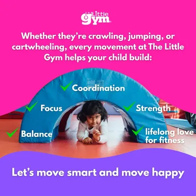 A child crawls happily through a soft play tunnel. This graphic illustrates how every movement helps build balance, focus, coordination, strength, and a lifelong love for fitness.