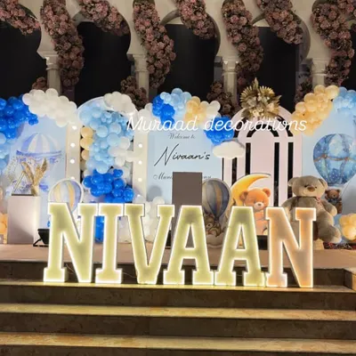 A grand stage setup for Nivaan's welcome party and Mundan ceremony. The design features a hot air balloon theme with large marquee letters, teddy bear props, and an elaborate backdrop with blue and white balloons.
