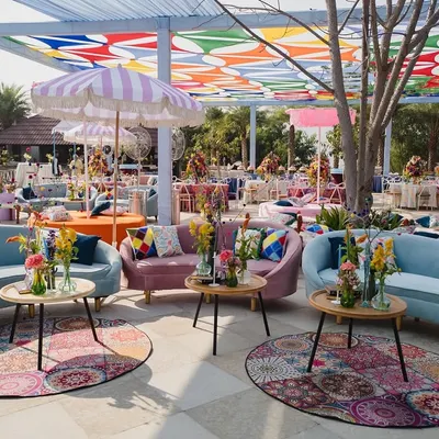 For this poolside Haldi at Ananta Udaipur, we used vibrant pastel furniture and a colorful canopy to create a fresh, playful energy. It was a modern twist on a traditional ceremony, designed to be cool, funky, and unique.