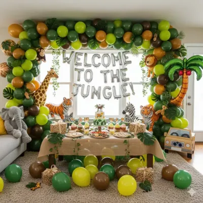 Welcome to the jungle! This kids' birthday party theme is a full safari adventure, featuring a lush green and brown balloon arch, animal cutouts like a giraffe and tiger, and a themed dessert table.