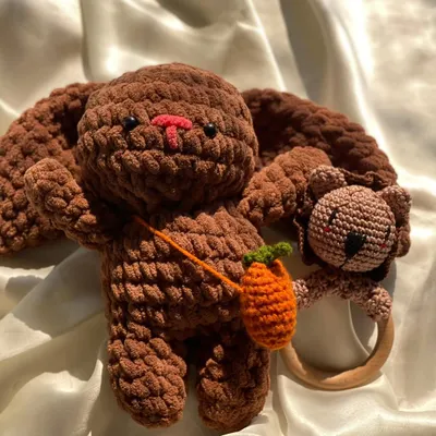 This adorable baby set includes a soft brown teddy bear plushie and a matching lion rattle. Both are made from baby-safe materials, with a wooden teether ring on the rattle for a natural touch.