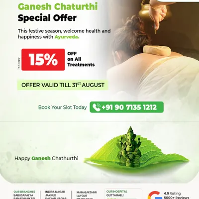 An example of our festive promotions, this was a Ganesh Chaturthi special offer. We believe in celebrating health and happiness, and we regularly provide such opportunities for our community to experience Ayurvedic wellness.