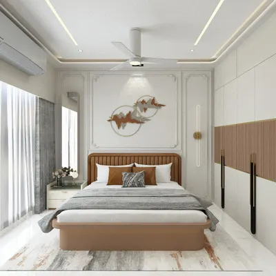 This master bedroom is designed for indulgence and style. We used wall moldings, a unique metal wall art piece, and a combination of warm wood tones and white laminate for a sophisticated and timeless look.