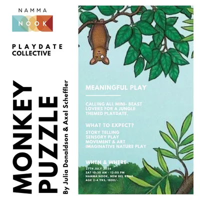 This is an example of our 'Monkey Puzzle' themed playdate, held at Namma Nook. We clearly list the story, activities like sensory play and art, and all the event details so parents can easily decide if it's the right fit for their family.
