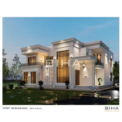Our design for the MNF Residence in New Delhi combines a minimal material palette with the refined profiles of neoclassical architecture. The result is a grand yet restrained home that exudes modern luxury.