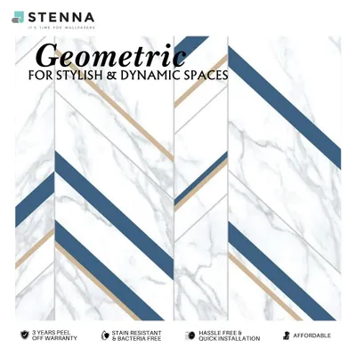 This geometric wallpaper combines a marble-like background with bold blue and beige stripes. The design is both stylish and dynamic, perfect for making a statement in a modern living room or foyer.