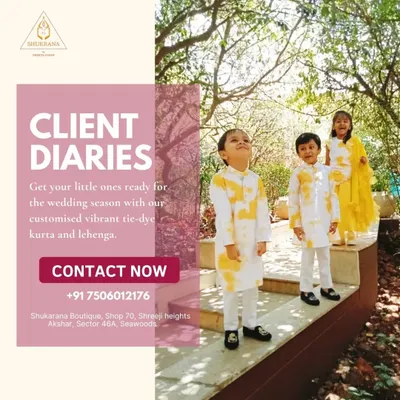 A beautiful moment with siblings dressed in our coordinated tie-dye ethnic wear. We designed a vibrant yellow lehenga for the sister and matching white and yellow tie-dye kurta pajama sets for her brothers, perfect for a sunny wedding function.