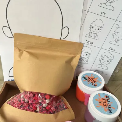 A complete look at our Valentine's emotions-themed kit. It comes with everything you need for hours of play, including our sensory filler, playdough, and activity sheets, all packed and ready to go.