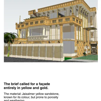 A 3D model of Stone Print Villa, a project where the brief called for a facade entirely in yellow and gold. We chose Jaisalmer yellow sandstone, a material known for its color but prone to porosity.