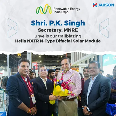A proud moment as Shri P.K. Singh, Secretary, MNRE, unveils our trailblazing Helia NXTR N-Type Bifacial Solar Module at the Renewable Energy India Expo. This launch represents a significant leap in our commitment to delivering cutting-edge, high-efficiency solar solutions.