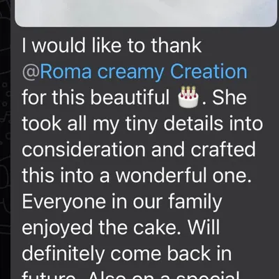 "She took all my tiny details into consideration." This review highlights my commitment to creating personalized cakes that perfectly match my client's vision.