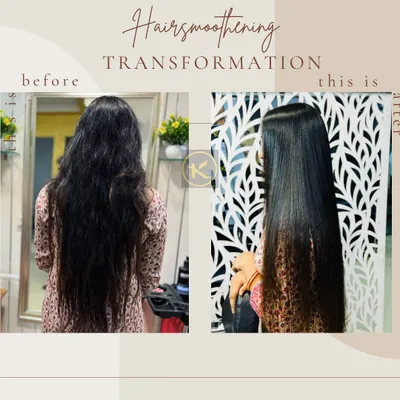 A classic before and after of my hair smoothening transformation. You can see how I took frizzy, wavy hair and made it incredibly straight, smooth, and glossy, showcasing a dramatic improvement in texture and shine.