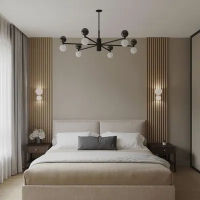 This serene bedroom is designed for ultimate relaxation. I used a neutral color palette, soft fabrics, and a statement chandelier to create a calm and sophisticated retreat. The wood-paneled accent wall adds warmth and texture.