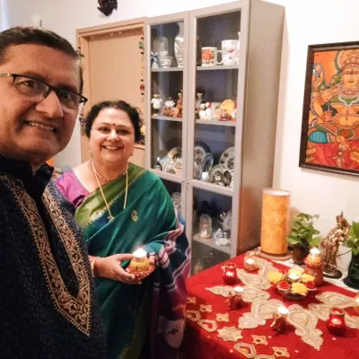 A happy Diwali moment at home, with my Narasimha painting gracing the wall. It's a blessing to be surrounded by art that holds spiritual meaning, especially during such an auspicious festival.