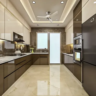 A spacious and luxurious parallel kitchen featuring high-gloss brown cabinets and a marble-finish floor. The design includes integrated appliances, a false ceiling with recessed lighting, and ample counter space, making it a perfect example of a high-end kitchen renovation.