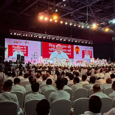 A view from the audience as the Honorable Prime Minister Narendra Modi addresses the gathering at the JITO Navkar Mantra Divas. We managed the full production, including the large LED backdrop and stage setup.
