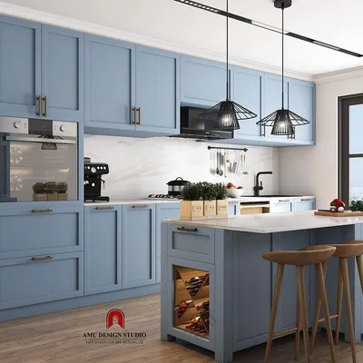 A proposed design for a spacious kitchen in a beautiful powder blue. This concept includes an island with a breakfast counter, a dedicated pantry unit, and built-in appliances for a seamless look.