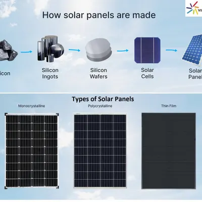 This infographic explains how solar panels are made, from raw silicon to the final product. It also shows the three main types of solar panels: Monocrystalline, Polycrystalline, and Thin Film, each suited for different applications.