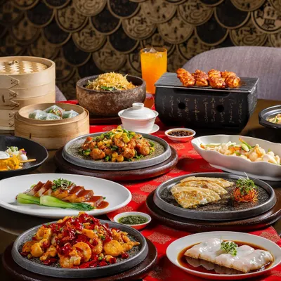 A cover shot for the new menu at Shang Palace, Shangri-La Eros Delhi. This elaborate spread showcases a wide variety of their offerings, including dim sum and sizzling plates.