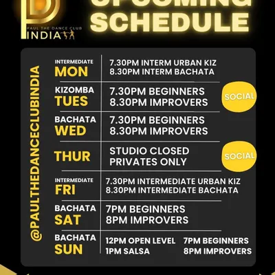 Our updated class schedule with a full breakdown of timings for different styles and levels, from beginner to intermediate. We have classes running seven days a week.