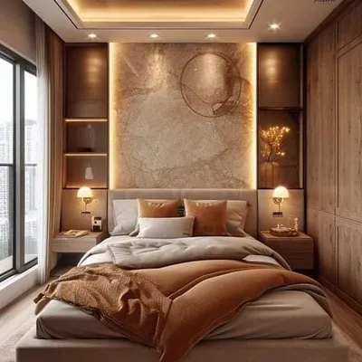 A luxurious master bedroom I designed, featuring a floating bed with under-lighting, a marble accent wall, and rich wood tones. The integrated side tables and shelving create a seamless, high-end look.