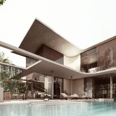 The exterior of the House of Veils is defined by solid, smooth-flowing walls and dramatic overhangs. These powerful forms contrast with the filtered light from screened facades, creating a language of soft, secret spaces that unfold progressively.