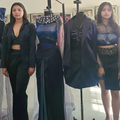 Judging the final collections of students at the Janki Devi Vocational Centre. This design showcases a good understanding of draping and construction. My role is to provide constructive feedback on both creative and technical skills.