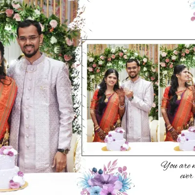 A sample wedding album layout showing the cake cutting ceremony. Our album designs are clean and modern, focusing on storytelling through a series of images.