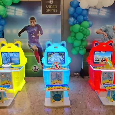 Create a complete mini-arcade for kids with our colorful game cabinets. This set includes a motorcycle racer, a car driving game, and a water-gun shooter, providing diverse options to keep all the children at your event happy.