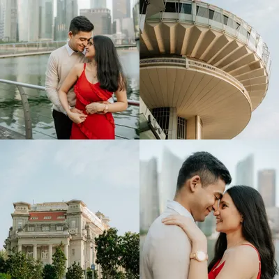 A collage from a pre-wedding shoot in Singapore, showcasing the mix of modern cityscapes and architectural details we explored together.